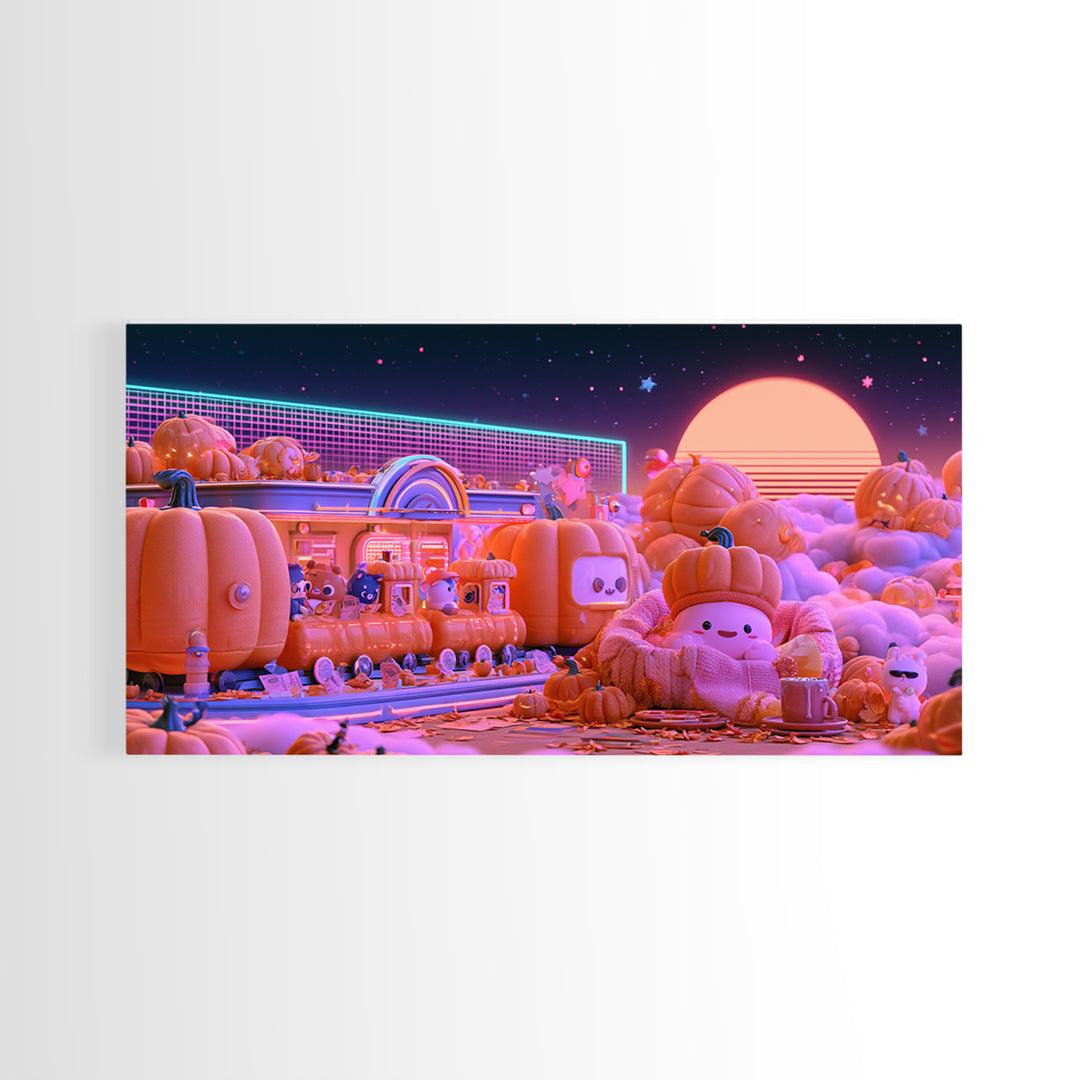 The Pumpkin Train Station, 80s Halloween Wall Art, Wide Panoramic Art, Framed Canvas Print, Retro Halloween Decor, Neon Wall Art