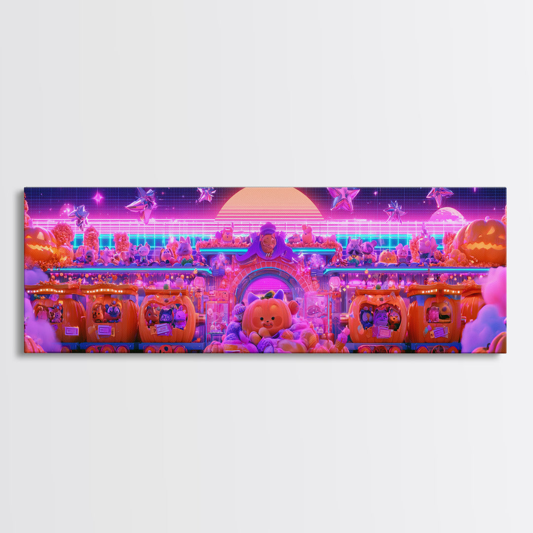 The Pumpkin Train Station, Cute Spooky Neon Art, Extra Wide Wall Art, Framed Canvas Print, Retro Halloween Decor, Neon Wall Art