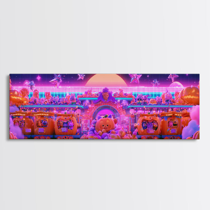 The Pumpkin Train Station, Cute Spooky Neon Art, Extra Wide Wall Art, Framed Canvas Print, Retro Halloween Decor, Neon Wall Art