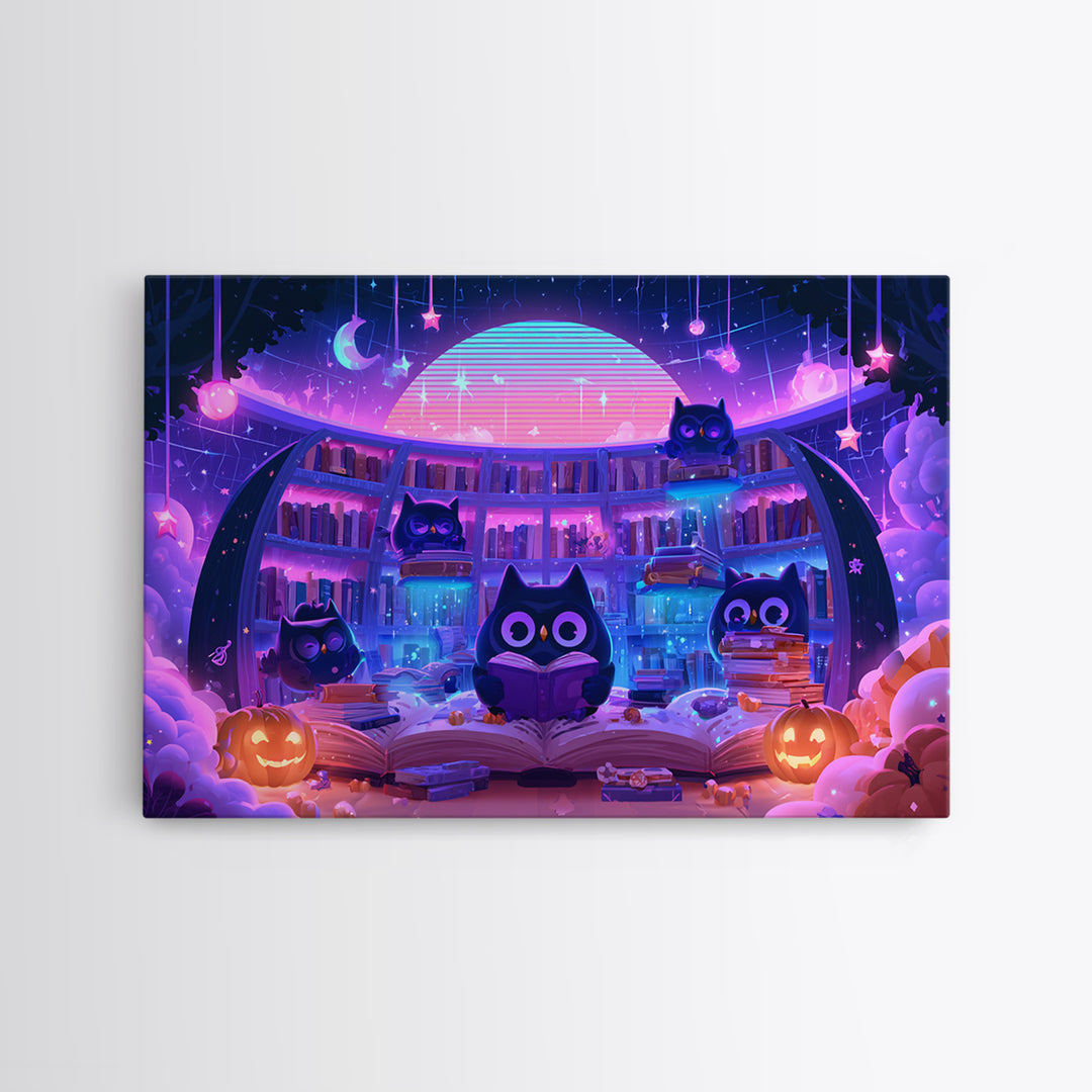 The Moonbeam Library, Synthwave Halloween Art, Landscape Wall Art, Canvas Print, Retro Halloween Decor, Neon Wall Art, Horror Wall Art