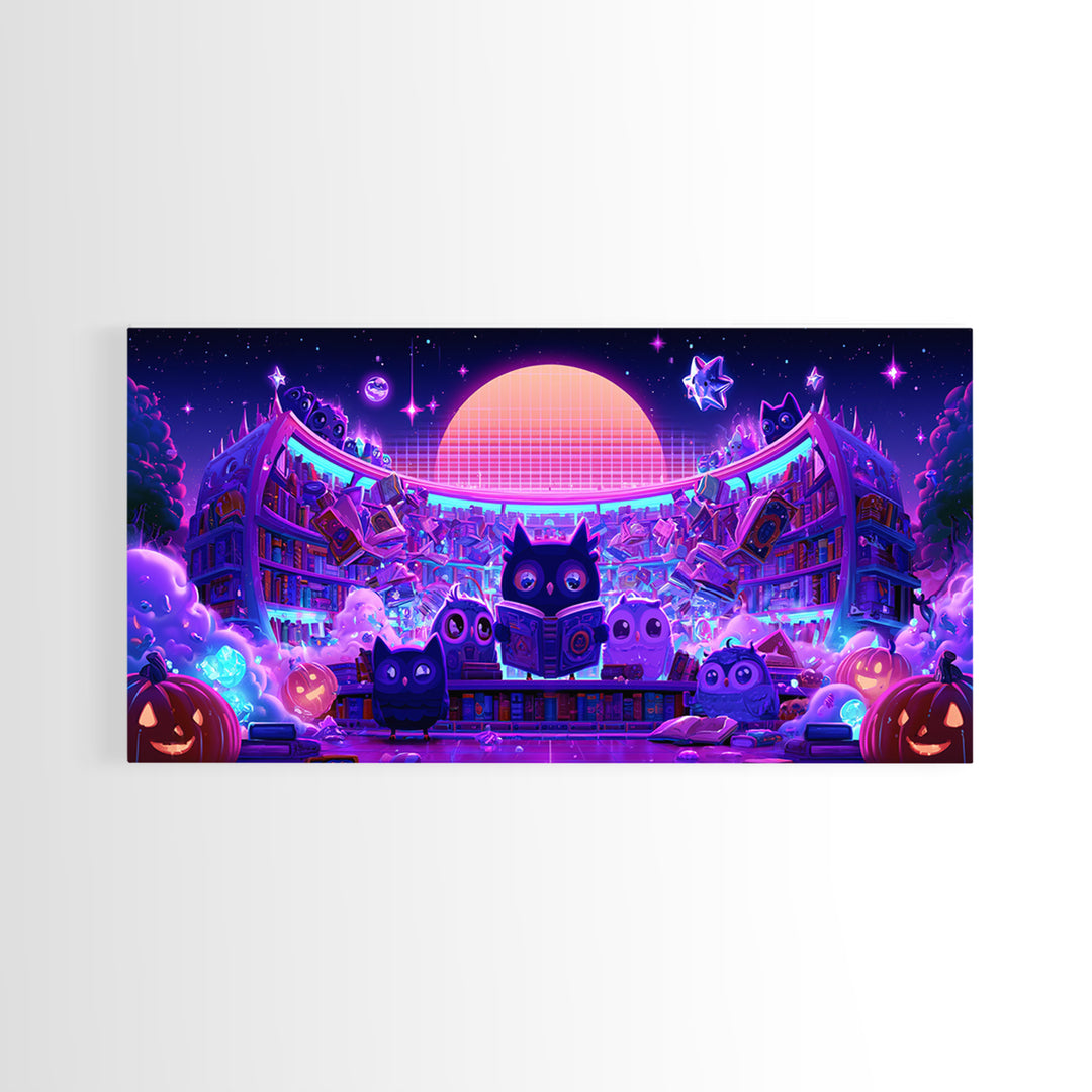 The Moonbeam Library, Vaporwave Halloween Decor, Wide Panoramic Art, Canvas Print, Retro Halloween Decor, Neon Wall Art, Macabre Wall Art