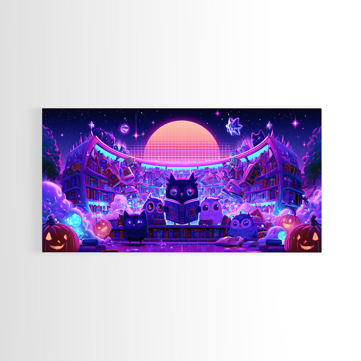 The Moonbeam Library, Vaporwave Halloween Decor, Wide Panoramic Art, Canvas Print, Retro Halloween Decor, Neon Wall Art, Macabre Wall Art