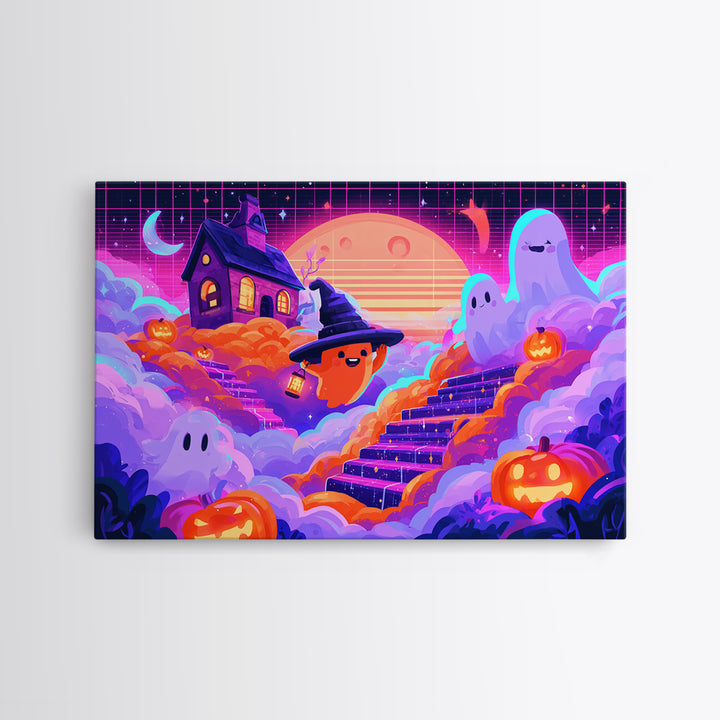 The Halloween Cloud Kingdom, 80s Halloween Wall Art, Landscape Wall Art, Framed Canvas Print, Retro Halloween Decor, Neon Wall Art