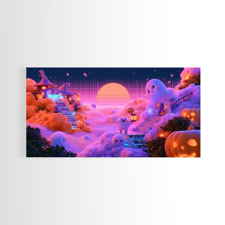 The Halloween Cloud Kingdom, Synthwave Halloween Art, Wide Panoramic Art, Canvas Print, Retro Halloween Decor, Neon Wall Art
