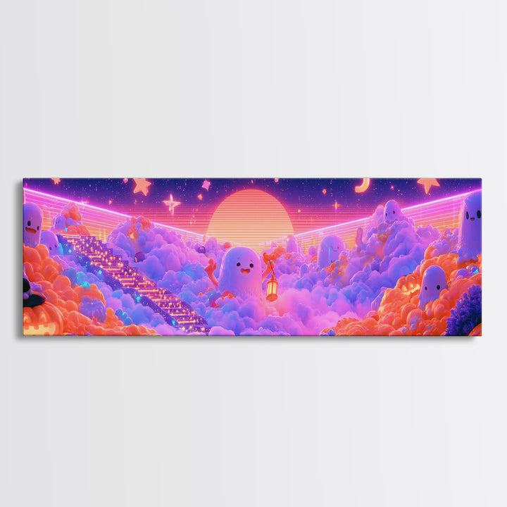 The Halloween Cloud Kingdom, Retro Neon Halloween Art, Extra Wide Wall Art, Framed Canvas Print, Retro Halloween Decor, Neon Wall Art