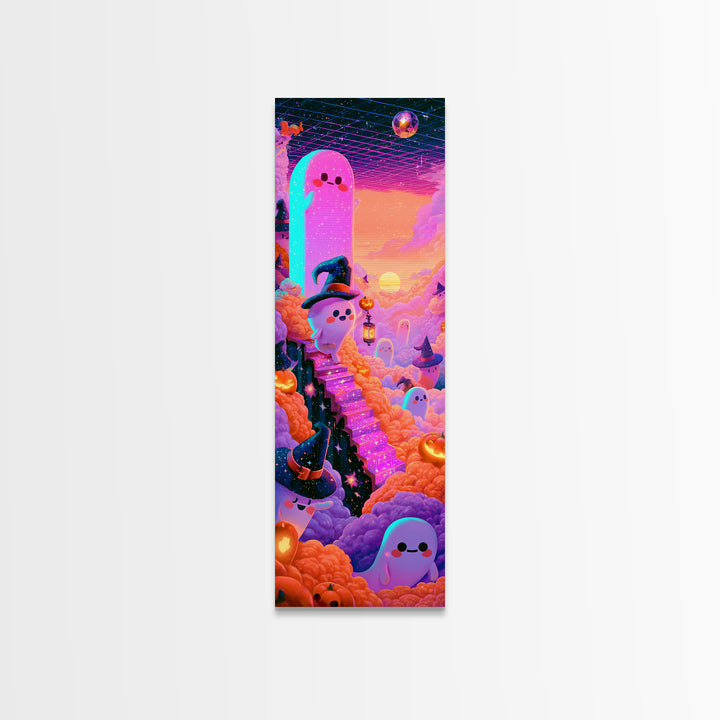 The Halloween Cloud Kingdom, Cute Spooky Neon Art, Tall Narrow Wall Art, Framed Canvas Print, Retro Halloween Decor, Neon Wall Art