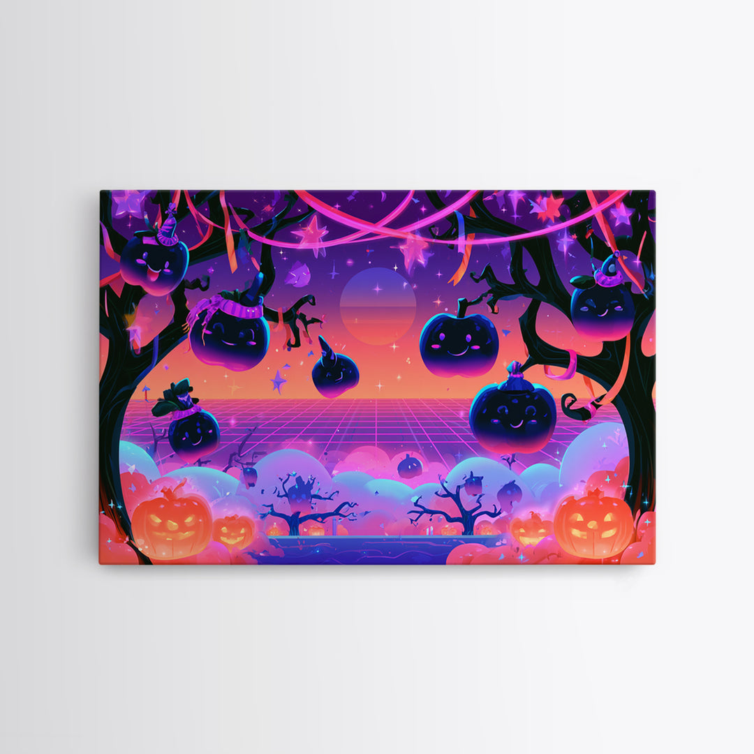 The Enchanted Apple Orchard, Vaporwave Halloween Decor, Landscape Wall Art, Canvas Print, Retro Halloween Decor, Neon Wall Art