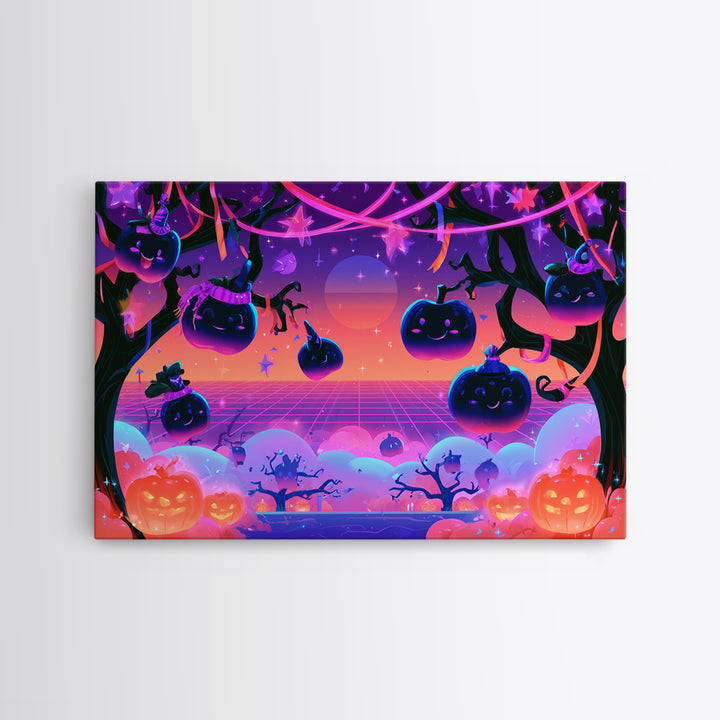 The Enchanted Apple Orchard, Vaporwave Halloween Decor, Landscape Wall Art, Canvas Print, Retro Halloween Decor, Neon Wall Art