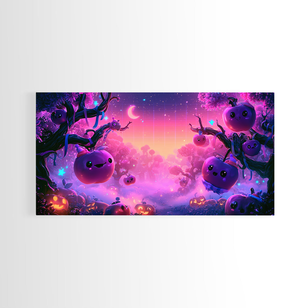 The Enchanted Apple Orchard, 80s Halloween Wall Art, Wide Panoramic Art, Canvas Print, Retro Halloween Decor, Neon Wall Art