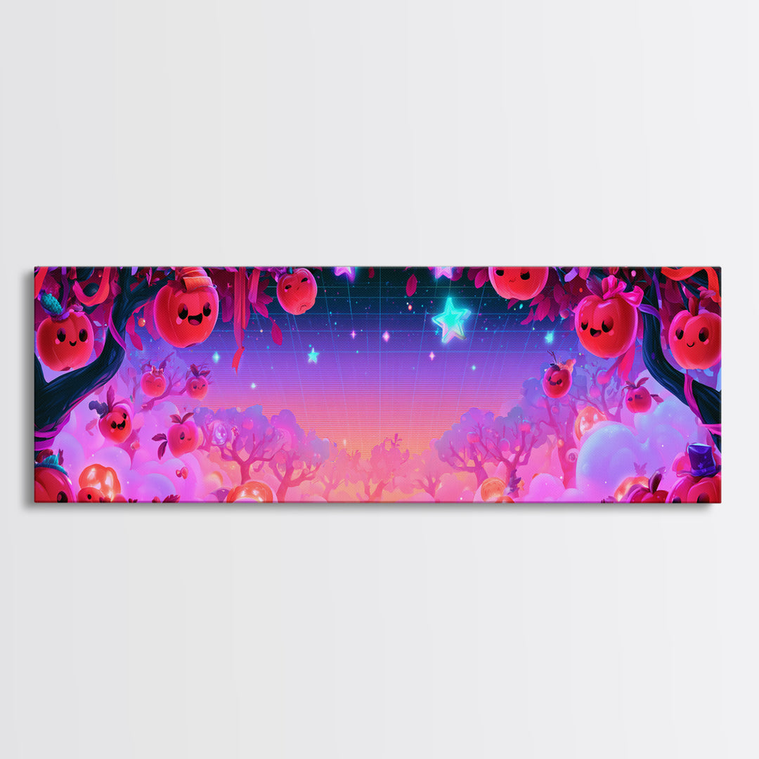The Enchanted Apple Orchard, Retro Neon Halloween Art, Extra Wide Wall Art, Framed Canvas Print, Retro Halloween Decor, Neon Wall Art