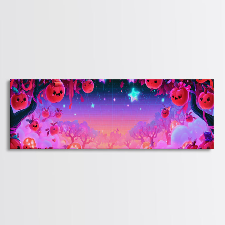 The Enchanted Apple Orchard, Retro Neon Halloween Art, Extra Wide Wall Art, Framed Canvas Print, Retro Halloween Decor, Neon Wall Art