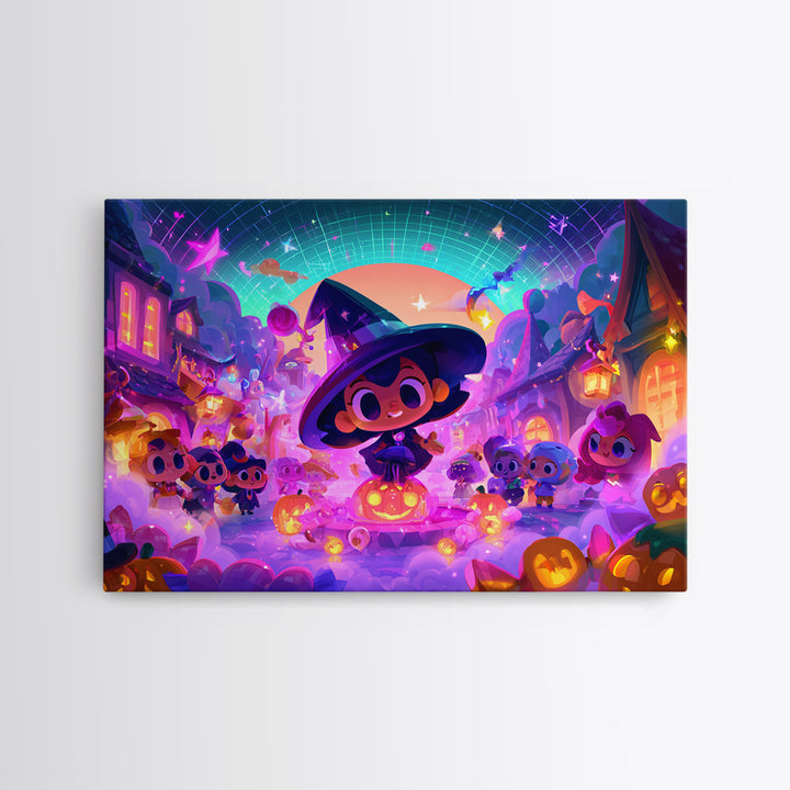 The Trick-Or-Treat Village Square, Synthwave Halloween Art, Landscape Wall Art, Framed Canvas Print, Retro Halloween Decor, Neon Wall Art