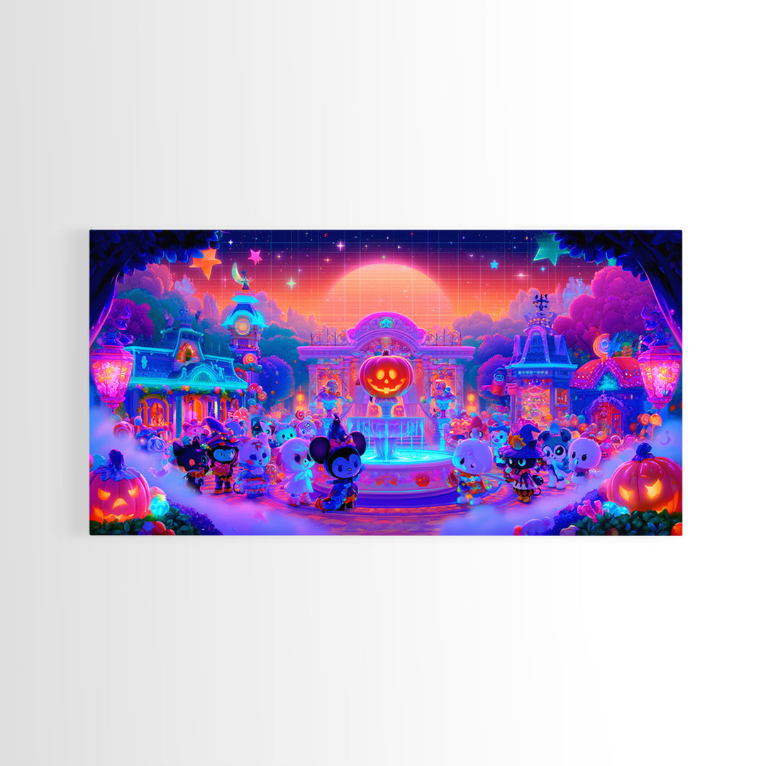 The Trick-Or-Treat Village Square, Synthwave Halloween Art, Wide Panoramic Art, Framed Canvas Print, Retro Halloween Decor, Neon Wall Art