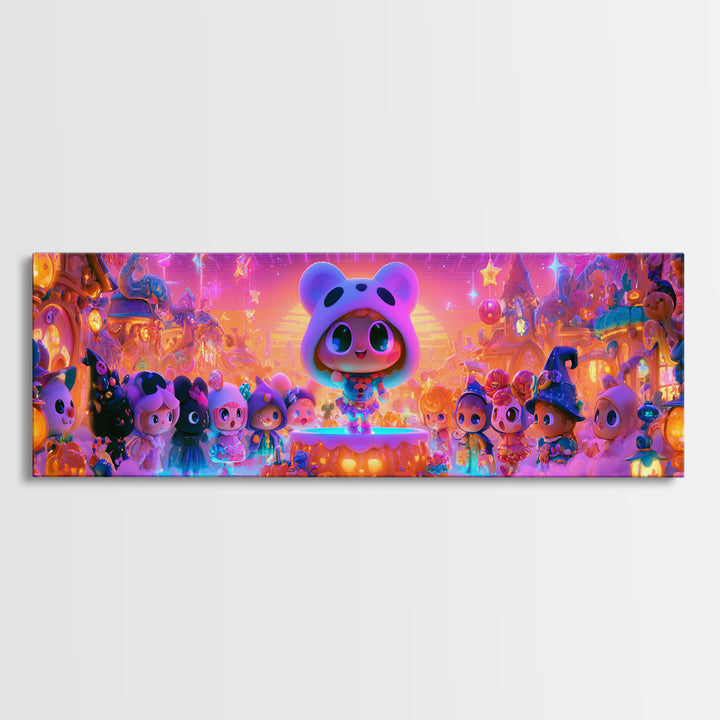 The Trick-Or-Treat Village Square, 80s Halloween Wall Art, Extra Wide Wall Art, Framed Canvas Print, Retro Halloween Decor, Neon Wall Art