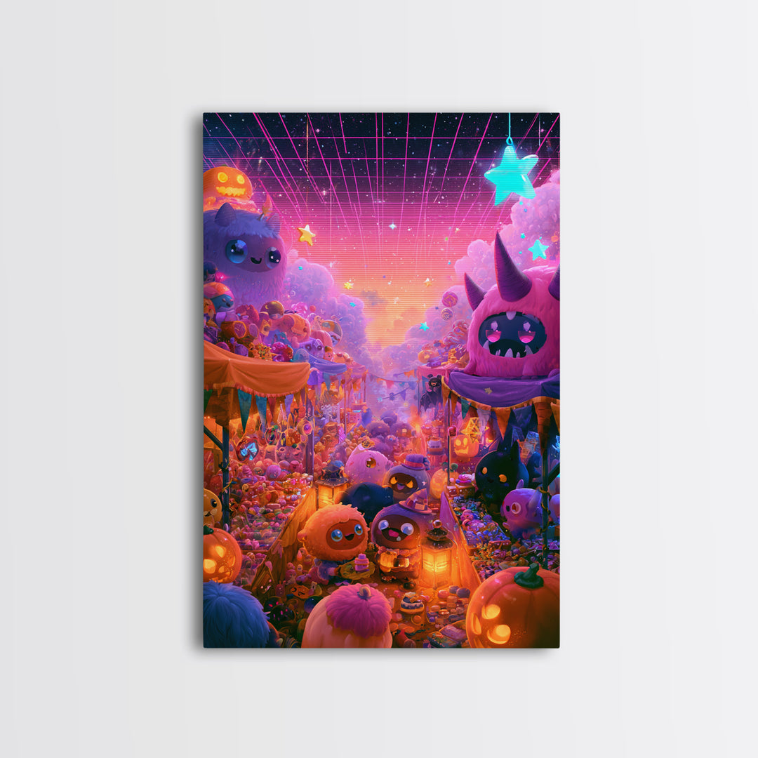 The Friendly Monster Market, Cute Spooky Neon Art, Vertical Wall Art, Framed Canvas Print, Retro Halloween Decor, Neon Wall Art