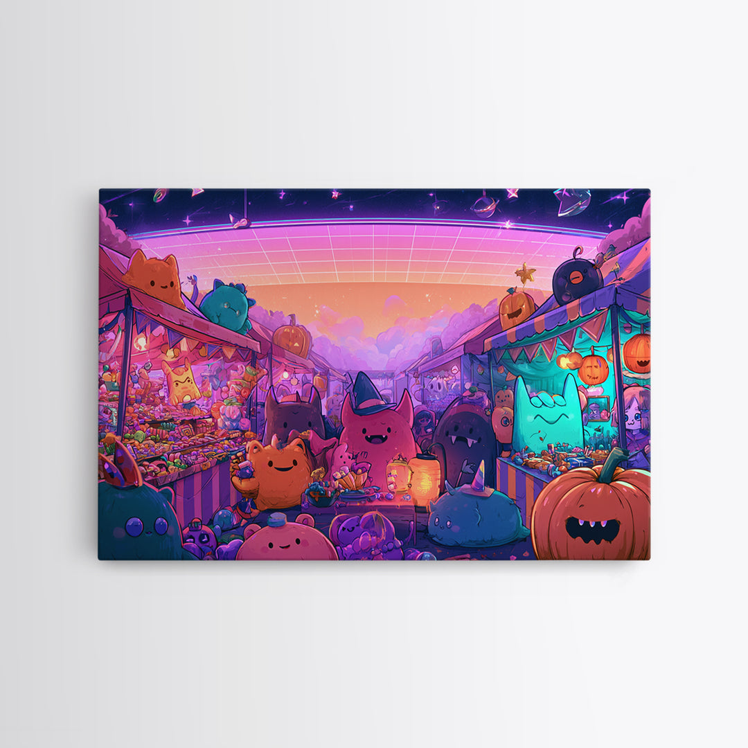 The Friendly Monster Market, Vaporwave Halloween Decor, Landscape Wall Art, Framed Canvas Print, Retro Halloween Decor, Neon Wall Art