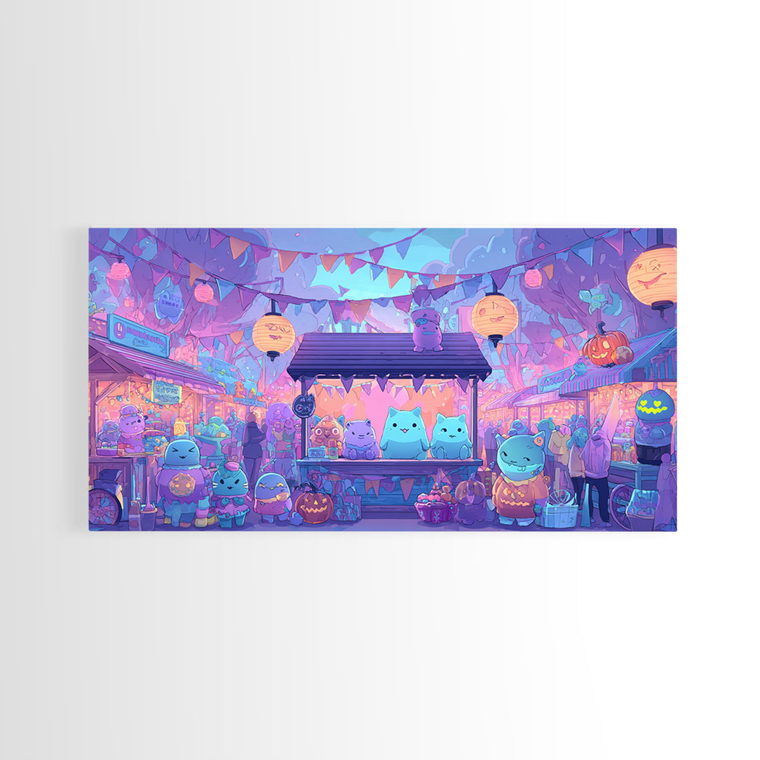 The Friendly Monster Market, 80s Halloween Wall Art, Wide Panoramic Art, Framed Canvas Print, Retro Halloween Decor, Neon Wall Art