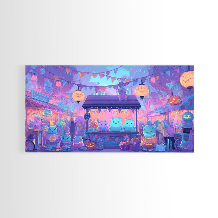 The Friendly Monster Market, 80s Halloween Wall Art, Wide Panoramic Art, Framed Canvas Print, Retro Halloween Decor, Neon Wall Art
