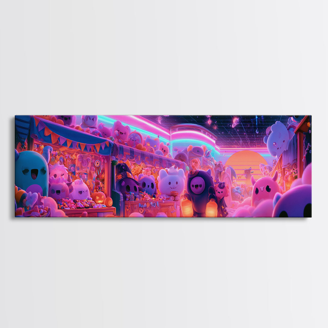 The Friendly Monster Market, 80s Halloween Wall Art, Extra Wide Wall Art, Framed Canvas Print, Retro Halloween Decor, Neon Wall Art