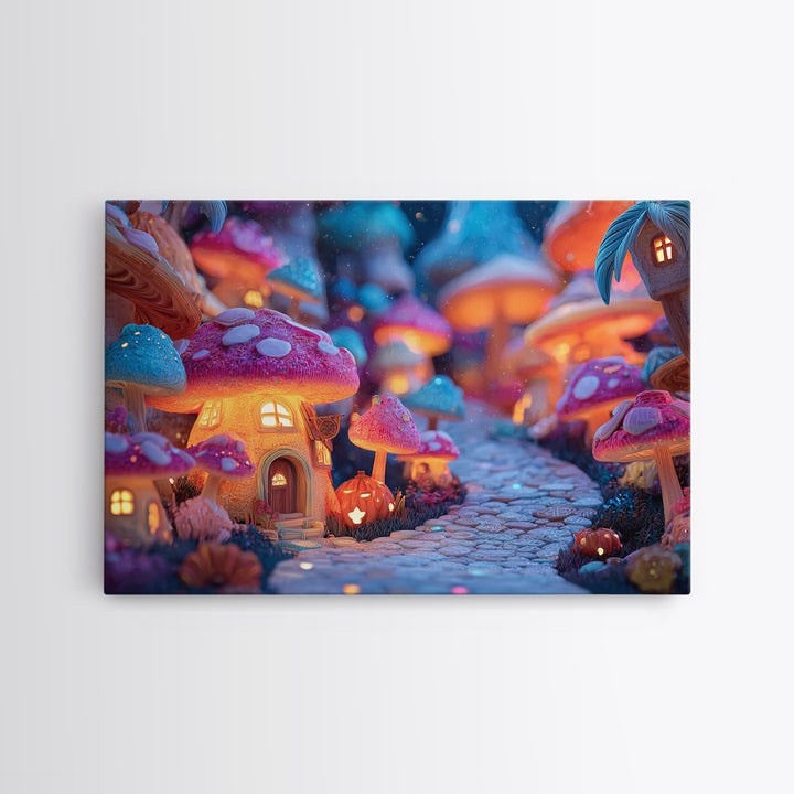 The Lantern-Lit Mushroom Village, Vaporwave Halloween Decor, Landscape Wall Art, Canvas Print, Retro Halloween Decor, Neon Wall Art
