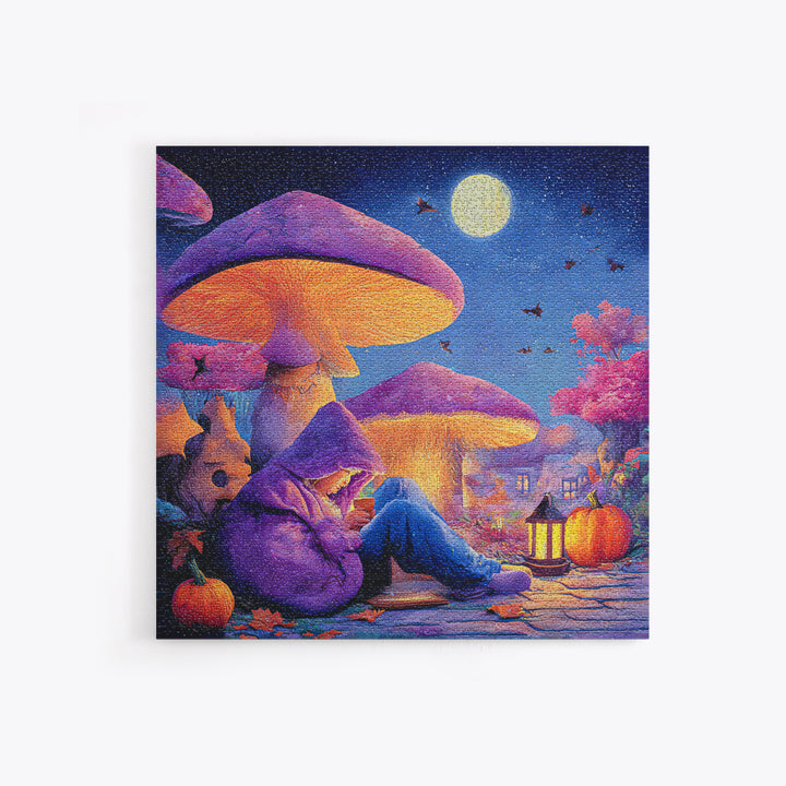 The Lantern-Lit Mushroom Village, Retro Neon Halloween Art, Square Wall Art, Framed Canvas Print, Retro Halloween Decor, Neon Wall Art