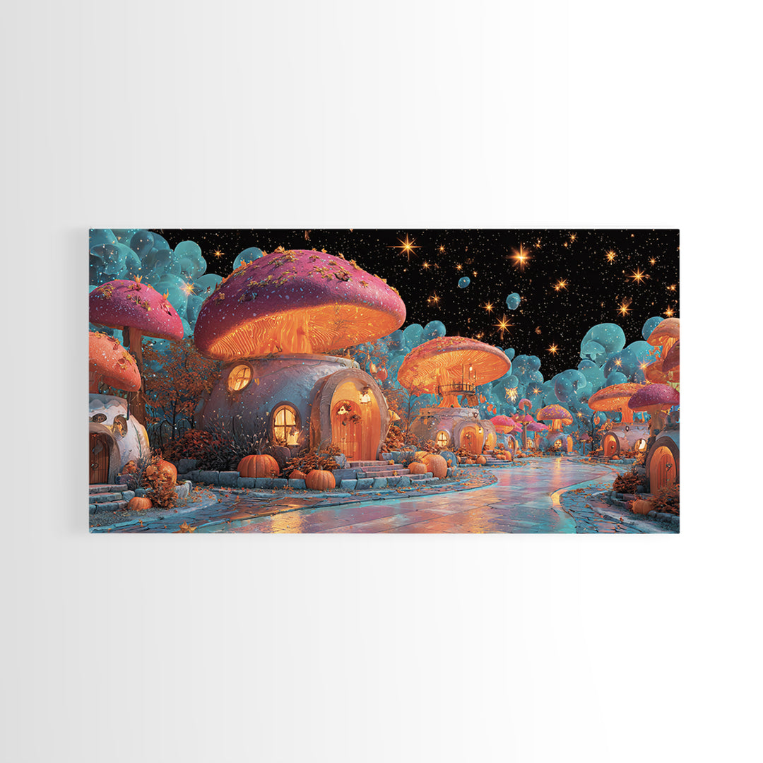 The Lantern-Lit Mushroom Village, Retro Neon Halloween Art, Wide Panoramic Art, Canvas Print, Retro Halloween Decor, Neon Wall Art