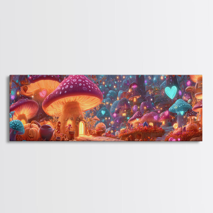 The Lantern-Lit Mushroom Village, 80s Halloween Wall Art, Extra Wide Wall Art, Framed Canvas Print, Retro Halloween Decor, Neon Wall Art
