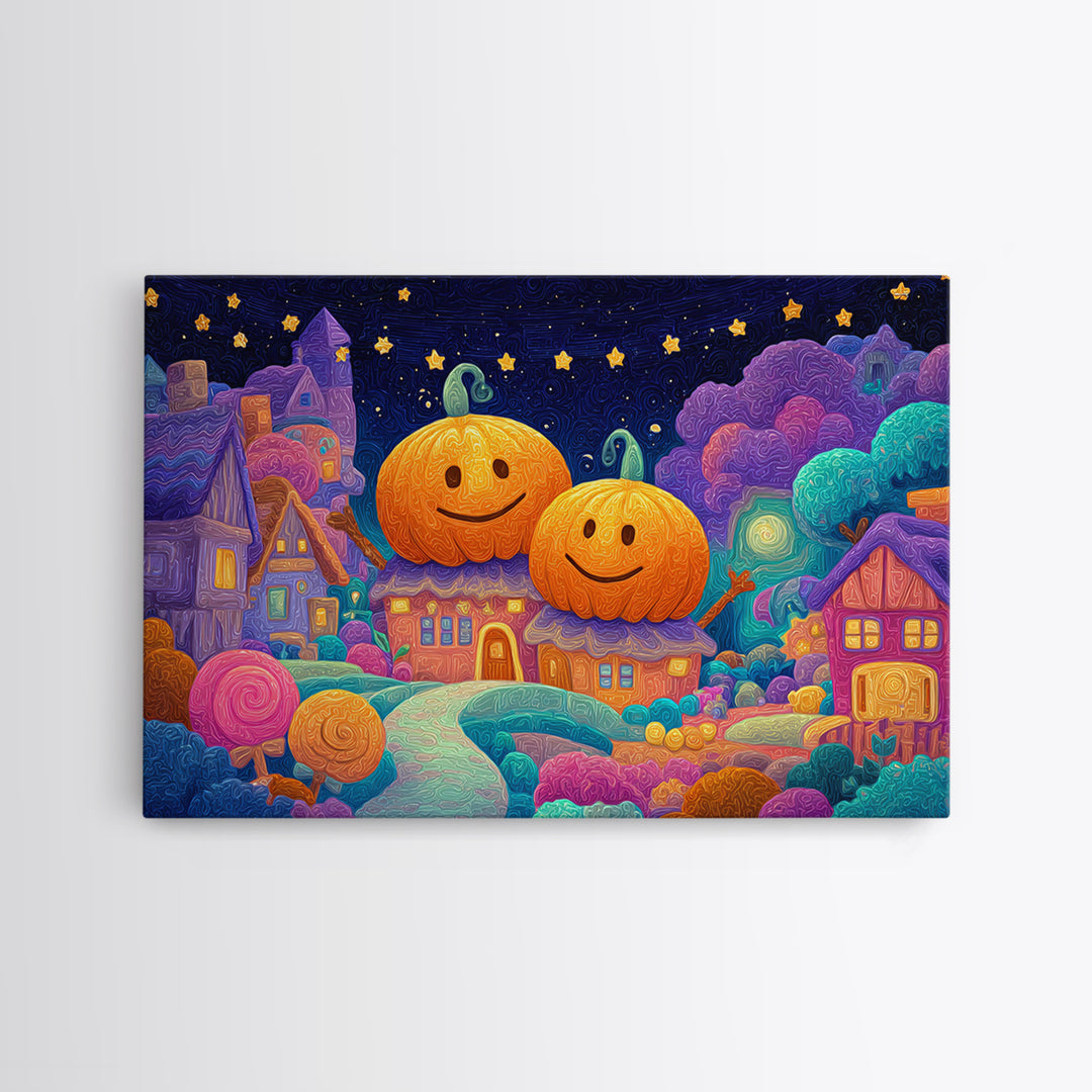 The Starry Pumpkin Farm, Retro Neon Halloween Art, Landscape Wall Art, Canvas Print, Retro Halloween Decor, Neon Wall Art