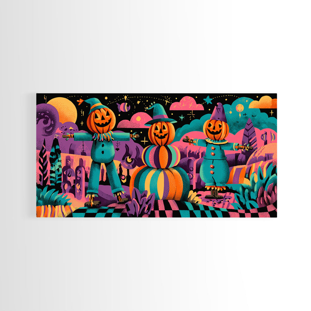 The Starry Pumpkin Farm, 80s Halloween Wall Art, Wide Panoramic Art, Canvas Print, Retro Halloween Decor, Neon Wall Art, Horror Wall Art