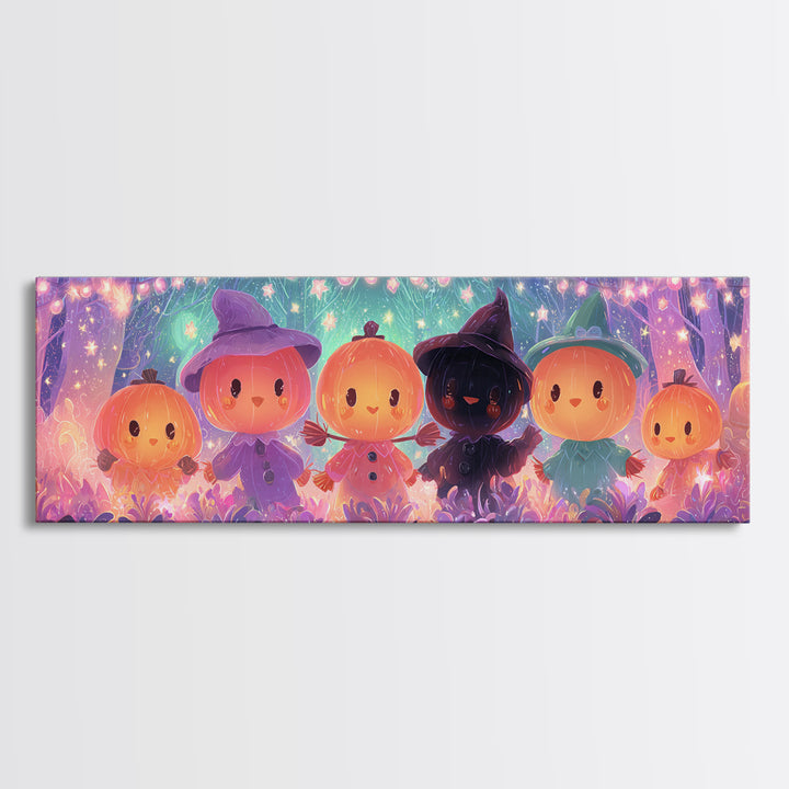 The Starry Pumpkin Farm, Vaporwave Halloween Decor, Extra Wide Wall Art, Framed Canvas Print, Retro Halloween Decor, Neon Wall Art