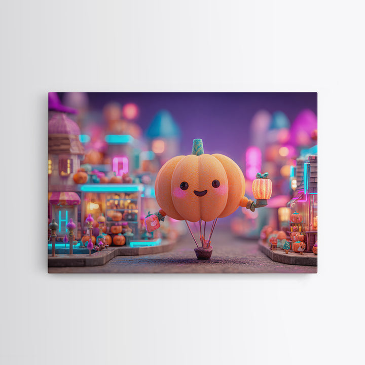 The Pumpkin Balloon Parade, Cute Spooky Neon Art, Landscape Wall Art, Framed Canvas Print, Retro Halloween Decor, Neon Wall Art