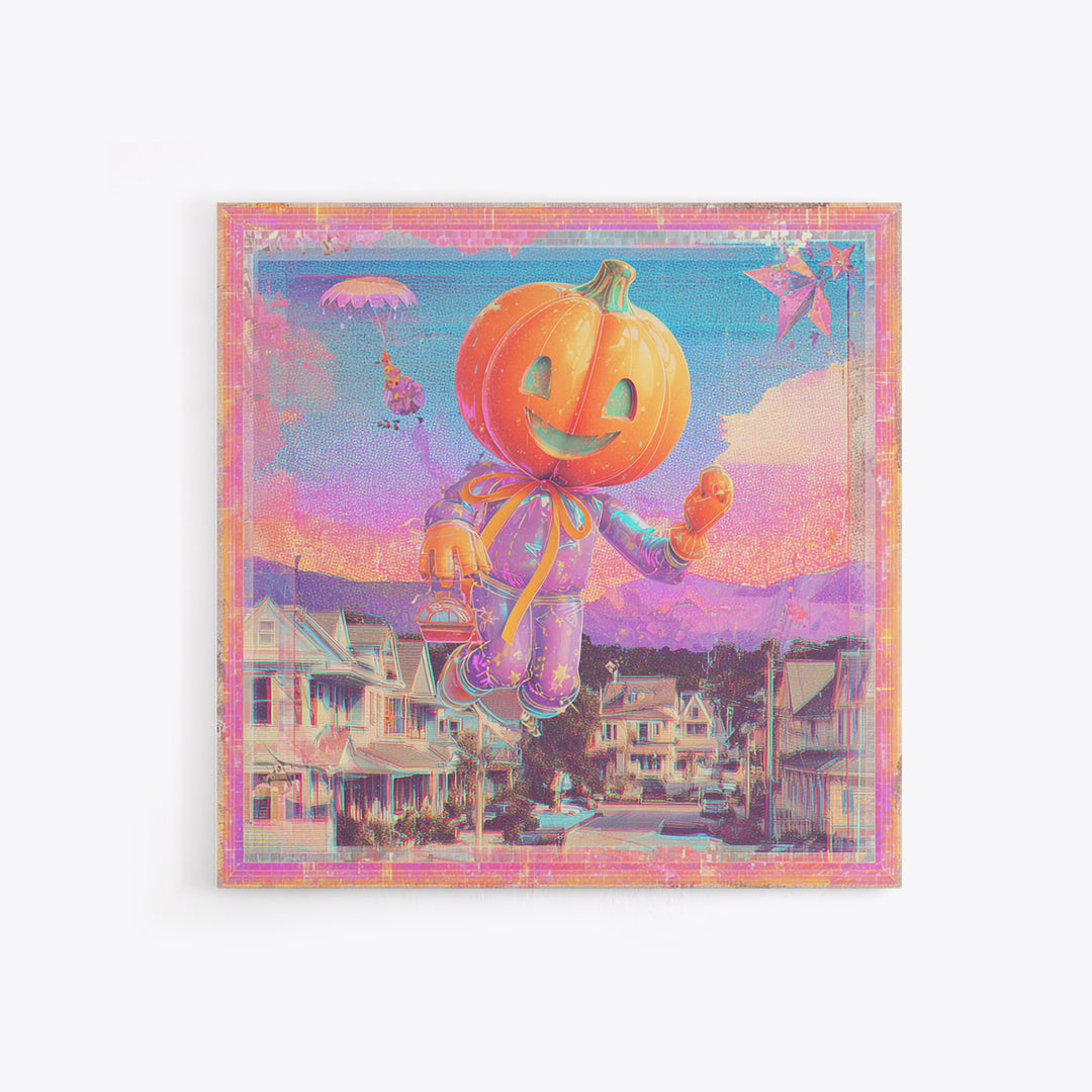 The Pumpkin Balloon Parade, Cute Spooky Neon Art, Square Wall Art, Canvas Print, Retro Halloween Decor, Neon Wall Art, Statement Wall Art