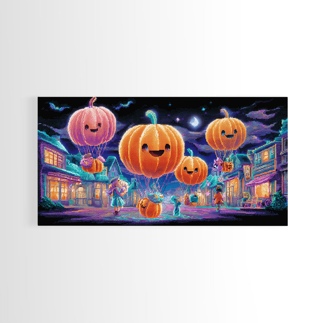 The Pumpkin Balloon Parade, 80s Halloween Wall Art, Wide Panoramic Art, Canvas Print, Retro Halloween Decor, Neon Wall Art