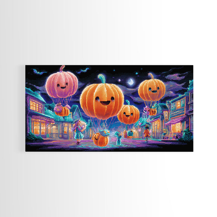 The Pumpkin Balloon Parade, 80s Halloween Wall Art, Wide Panoramic Art, Canvas Print, Retro Halloween Decor, Neon Wall Art