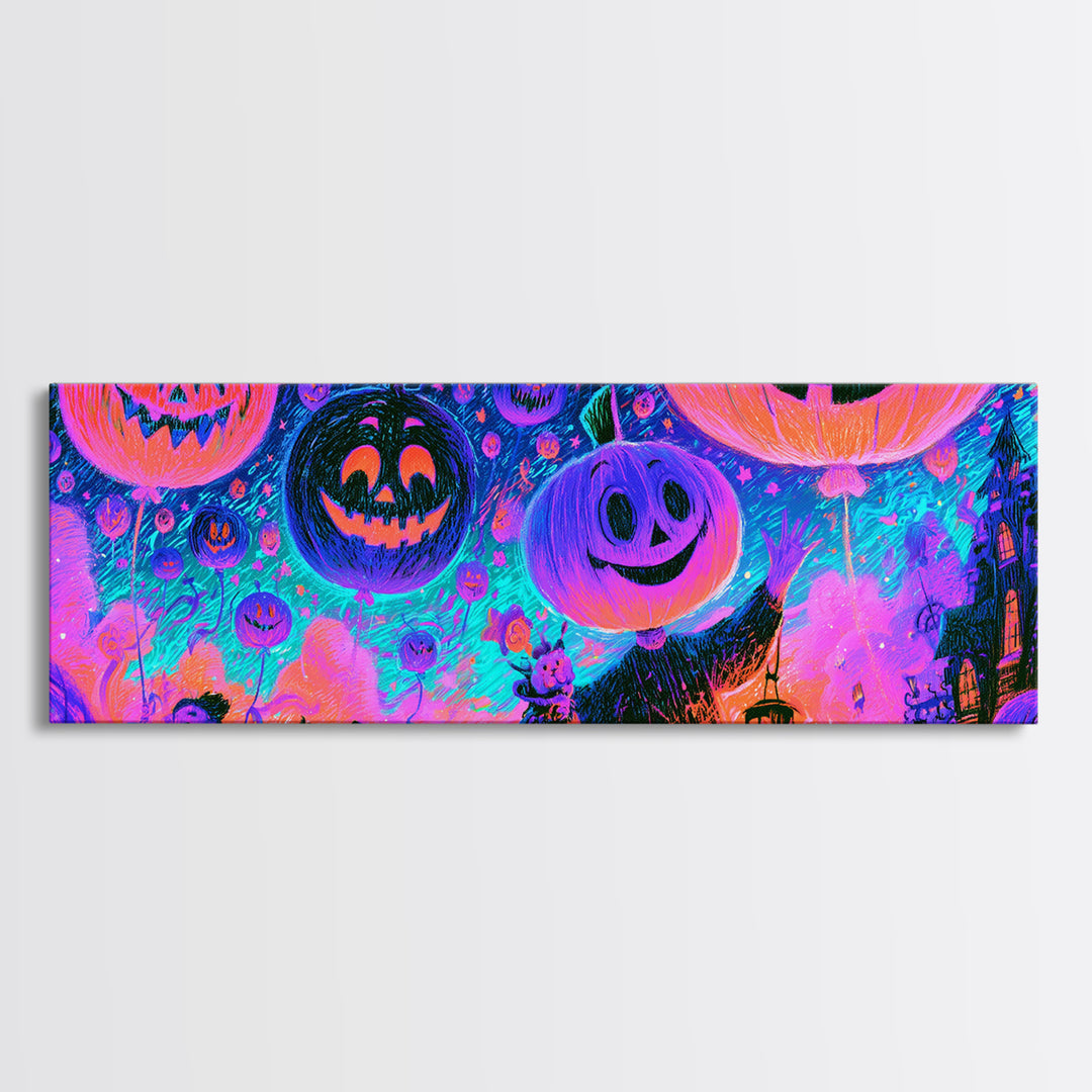 The Pumpkin Balloon Parade, Retro Neon Halloween Art, Extra Wide Wall Art, Framed Canvas Print, Retro Halloween Decor, Neon Wall Art