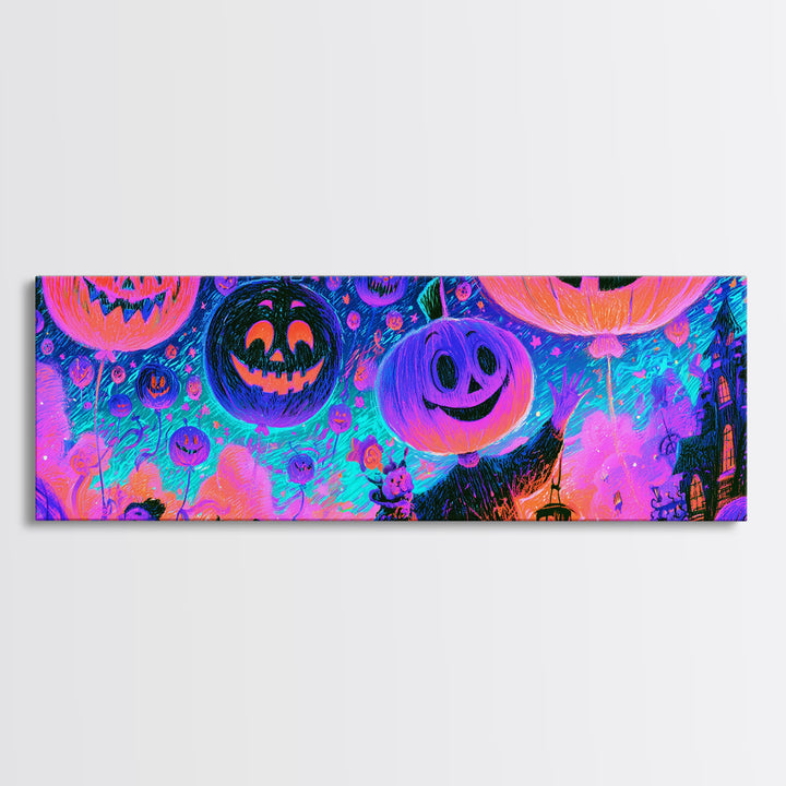 The Pumpkin Balloon Parade, Retro Neon Halloween Art, Extra Wide Wall Art, Framed Canvas Print, Retro Halloween Decor, Neon Wall Art