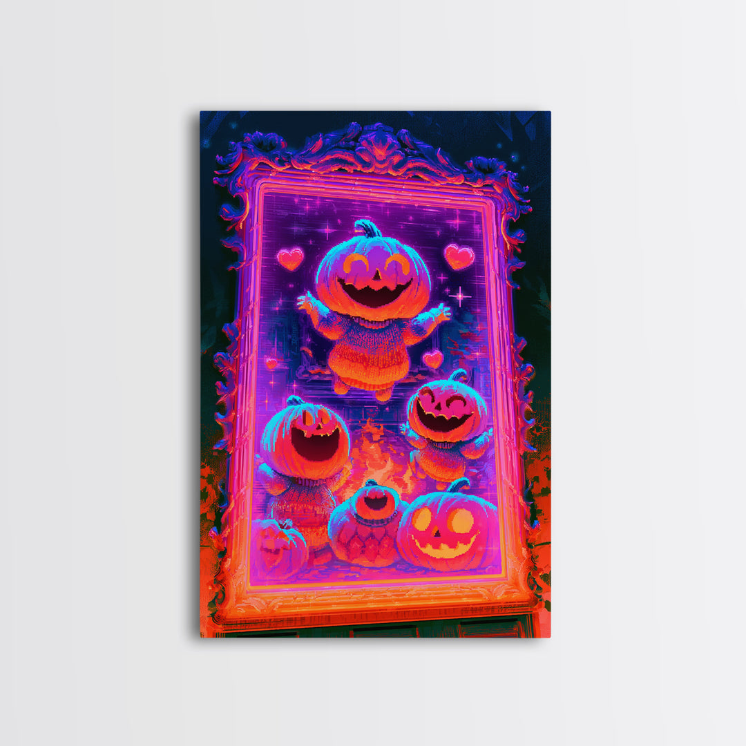 The Pumpkin Family Portrait, Synthwave Halloween Art, Vertical Wall Art, Framed Canvas Print, Retro Halloween Decor, Neon Wall Art