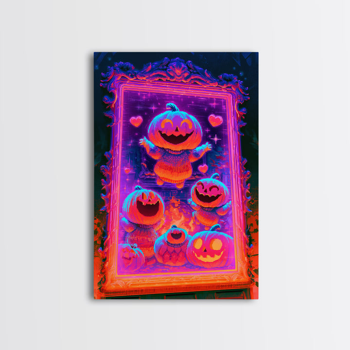 The Pumpkin Family Portrait, Synthwave Halloween Art, Vertical Wall Art, Framed Canvas Print, Retro Halloween Decor, Neon Wall Art