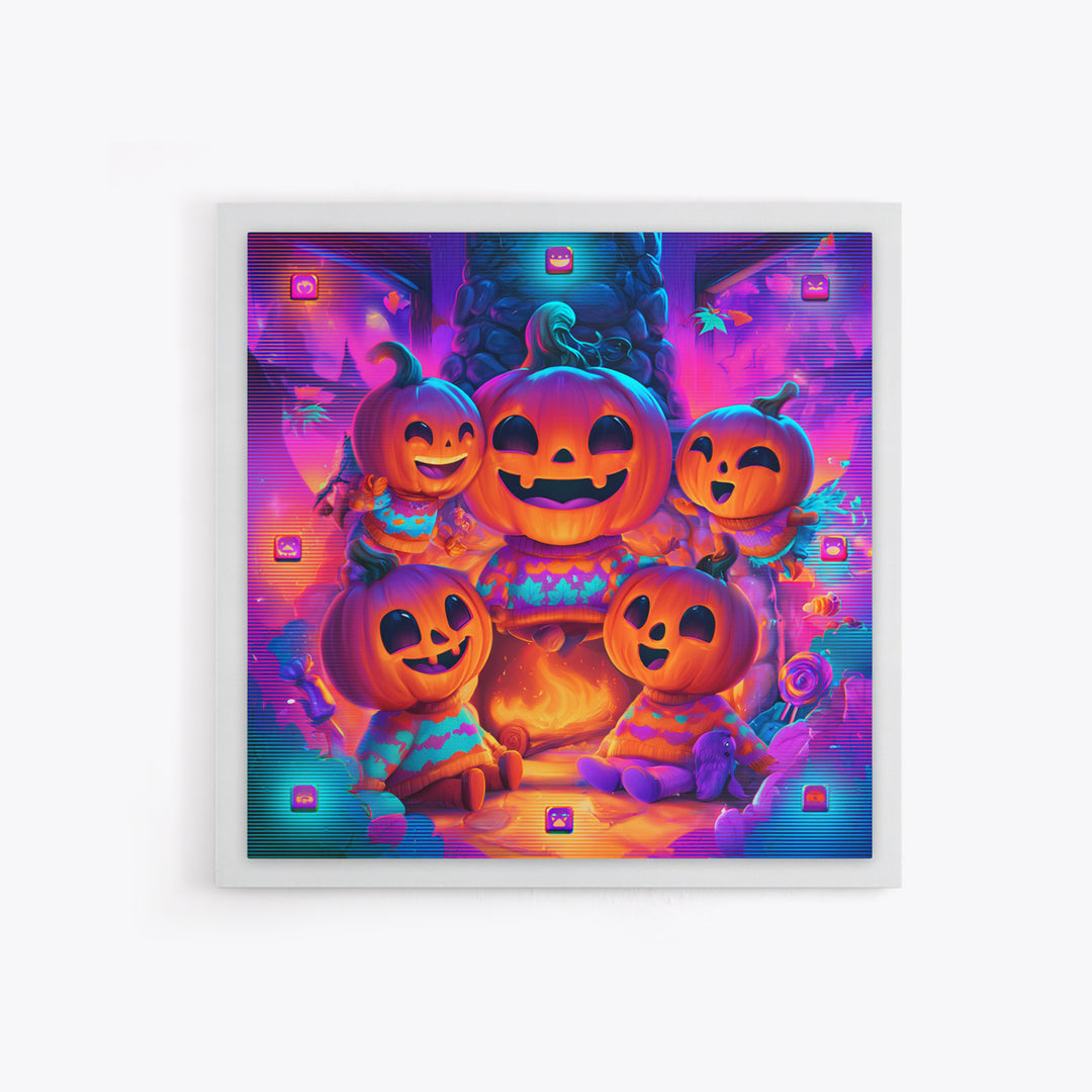 The Pumpkin Family Portrait, 80s Halloween Wall Art, Square Wall Art, Framed Canvas Print, Retro Halloween Decor, Neon Wall Art