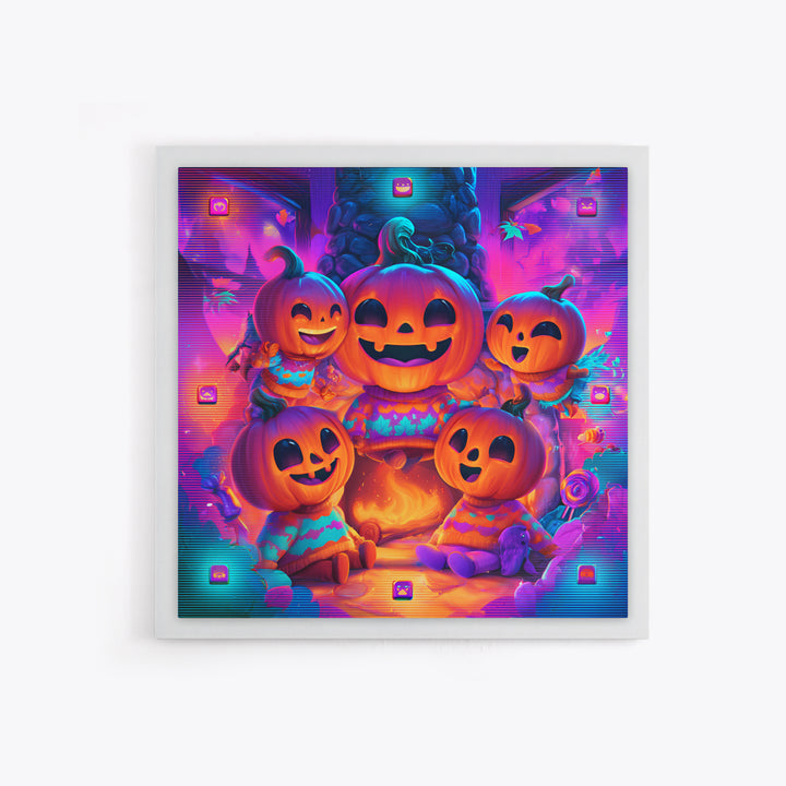 The Pumpkin Family Portrait, 80s Halloween Wall Art, Square Wall Art, Framed Canvas Print, Retro Halloween Decor, Neon Wall Art