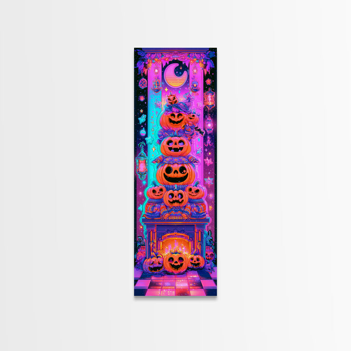 The Pumpkin Family Portrait, Retro Neon Halloween Art, Tall Narrow Wall Art, Canvas Print, Retro Halloween Decor, Neon Wall Art