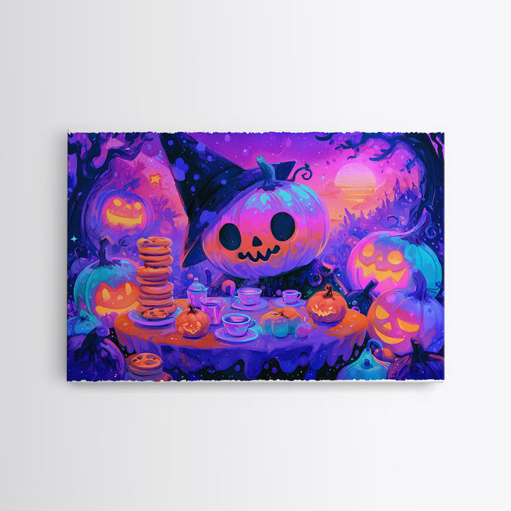 The Pumpkin Tea Party, Retro Neon Halloween Art, Landscape Wall Art, Framed Canvas Print, Retro Halloween Decor, Neon Wall Art