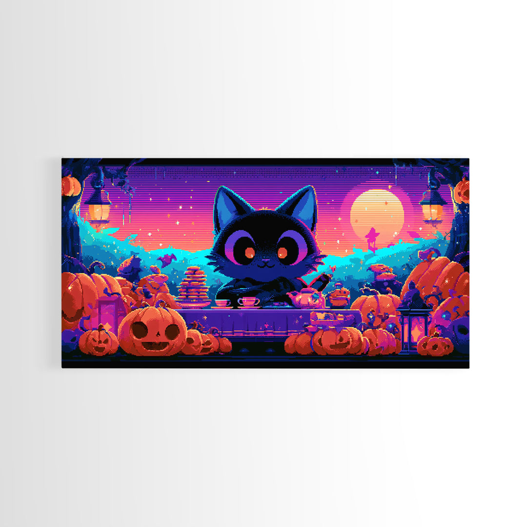The Pumpkin Tea Party, 80s Halloween Wall Art, Wide Panoramic Art, Canvas Print, Retro Halloween Decor, Neon Wall Art