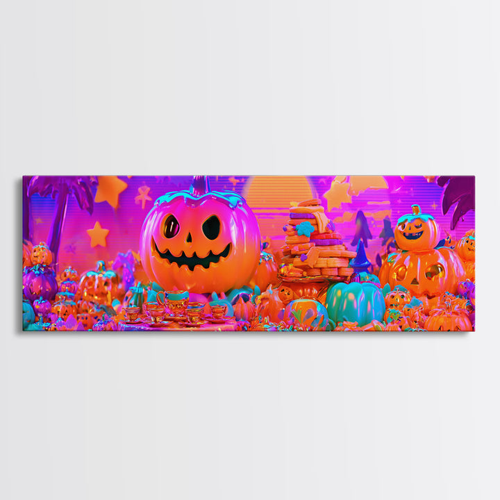 The Pumpkin Tea Party, Cute Spooky Neon Art, Extra Wide Wall Art, Framed Canvas Print, Retro Halloween Decor, Neon Wall Art