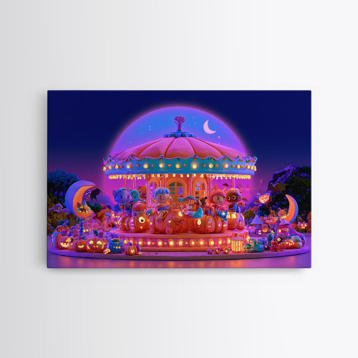 The Pumpkin Carousel, Retro Neon Halloween Art, Landscape Wall Art, Framed Canvas Print, Retro Halloween Decor, Neon Wall Art