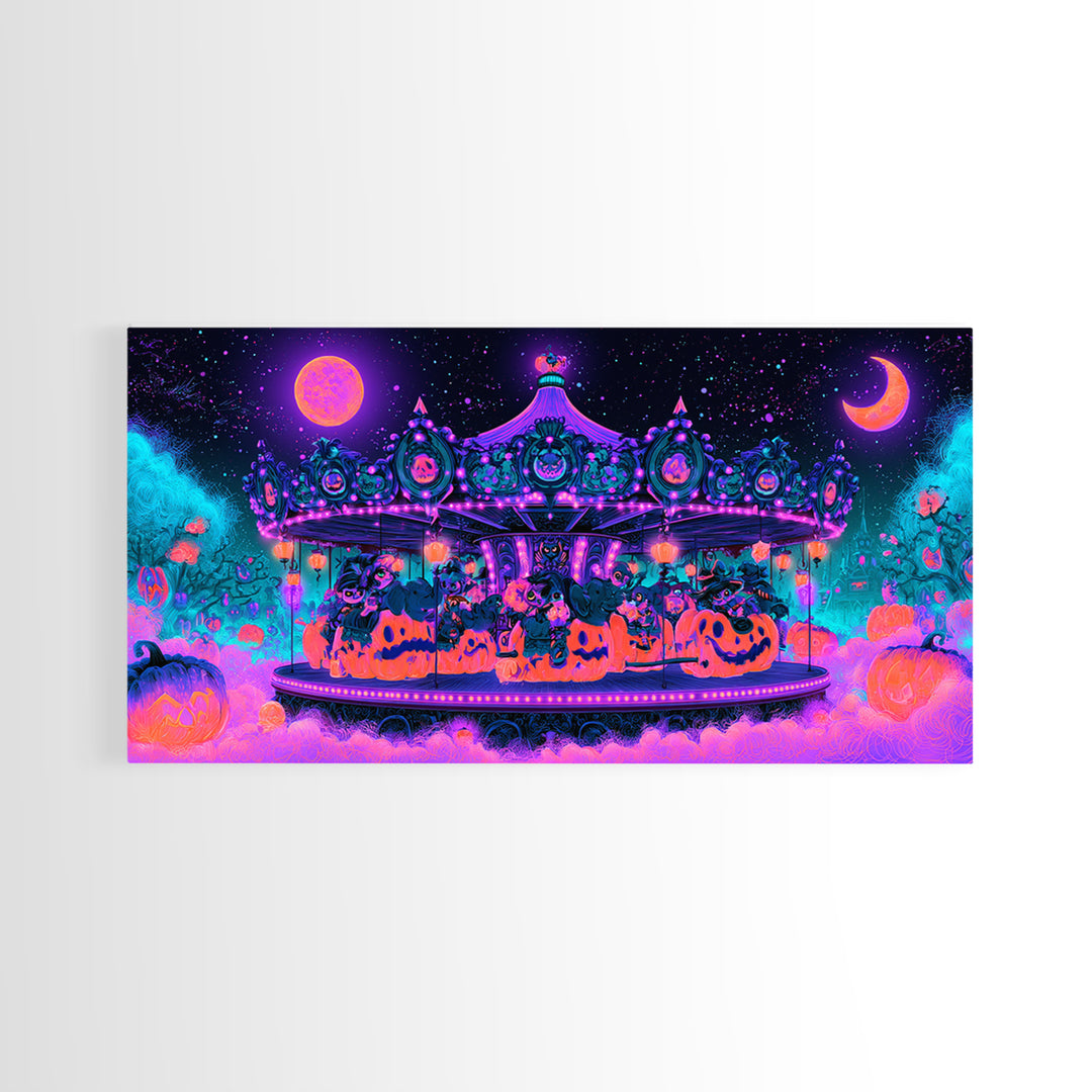 The Pumpkin Carousel, Synthwave Halloween Art, Wide Panoramic Art, Canvas Print, Retro Halloween Decor, Neon Wall Art, Statement Wall Art