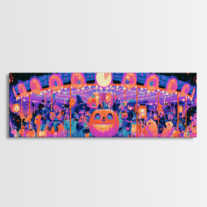 The Pumpkin Carousel, Synthwave Halloween Art, Extra Wide Wall Art, Framed Canvas Print, Retro Halloween Decor, Neon Wall Art