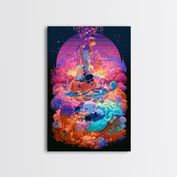 The Pumpkin Sailboat, Vaporwave Halloween Decor, Vertical Wall Art, Framed Canvas Print, Retro Halloween Decor, Neon Wall Art