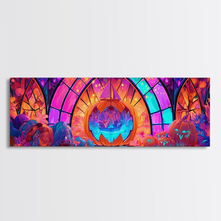 The Pumpkin Sailboat, Vaporwave Halloween Decor, Extra Wide Wall Art, Canvas Print, Retro Halloween Decor, Neon Wall Art