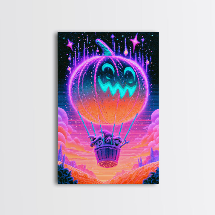 The Pumpkin Hot-Air Balloon, Cute Spooky Neon Art, Vertical Wall Art, Framed Canvas Print, Retro Halloween Decor, Neon Wall Art